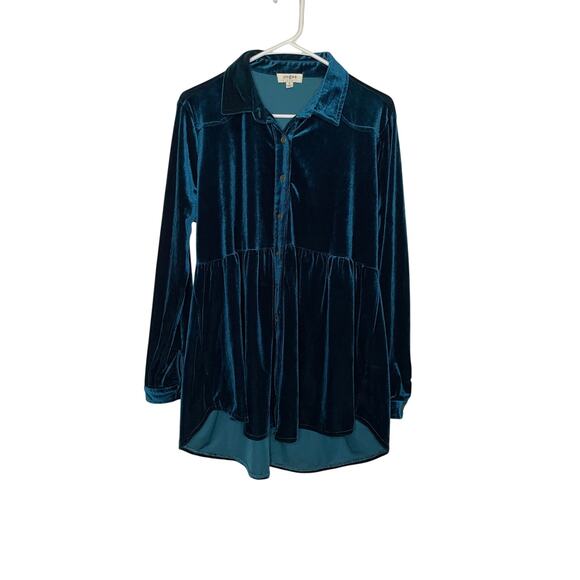 UMGEE Velvet Button Down Collared Top teal - Picture 2 of 6